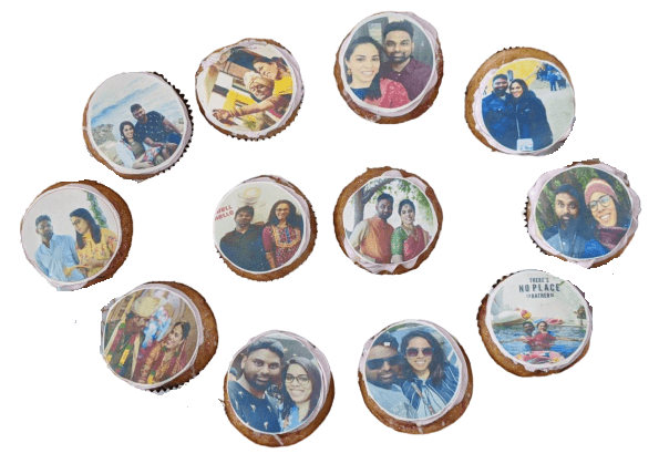 Photo Printed Cupcakes — individual printed photo-style panels; India