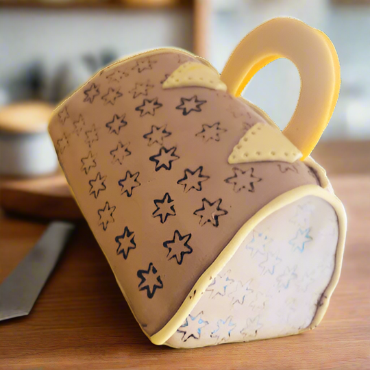 Tan Handbag Birthday Cake — a tan patterned handbag design with yellow handle; India