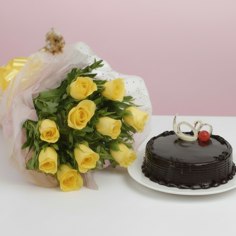 Yellow Roses and Chocolate Cake Combo - India