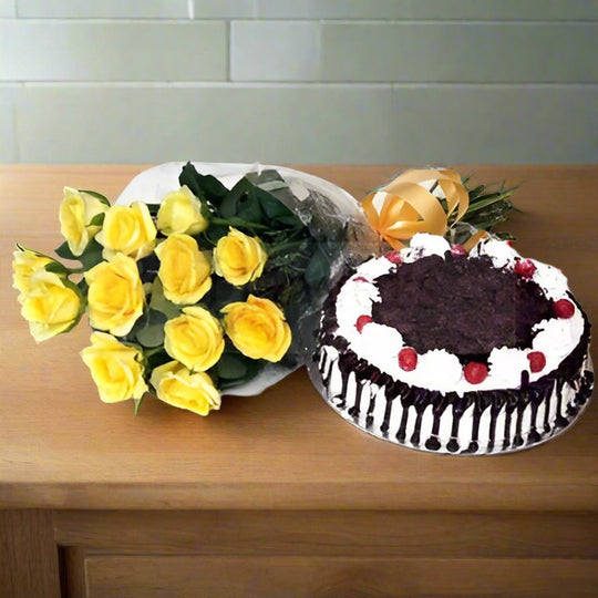 Yellow Roses with Black Forest cake