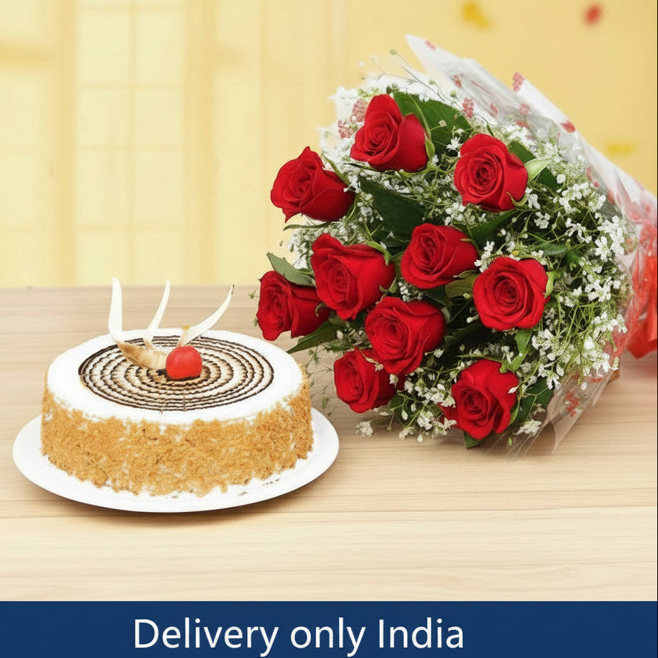 Butterscotch Cake & Red Rose Bouquet – India