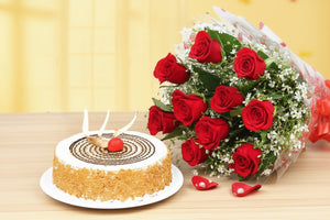 Butterscotch Cake 500 grams and Red Roses Bouquet