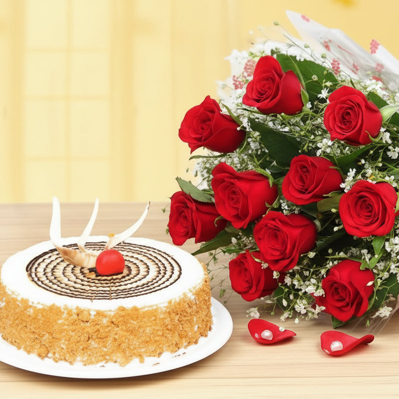 Butterscotch Cake 500 grams and Red Roses Bouquet