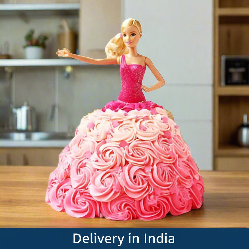 Best Barbie Doll Cake — a pink rose-patterned skirt with a doll topper; India