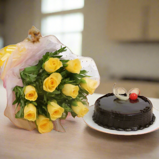 Yellow roses with Chocolate cake – India