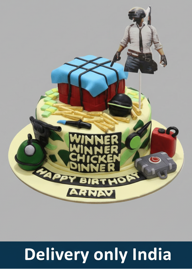 PUBG Theme Birthday Cake — gaming-themed decorations and a gift-box-style top tier; India