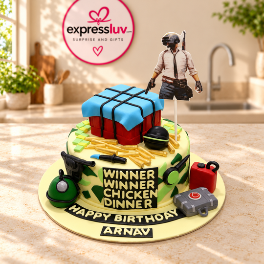 PUBG Theme Birthday Cake, photographed on a sunlit marble counter — delivery in India
