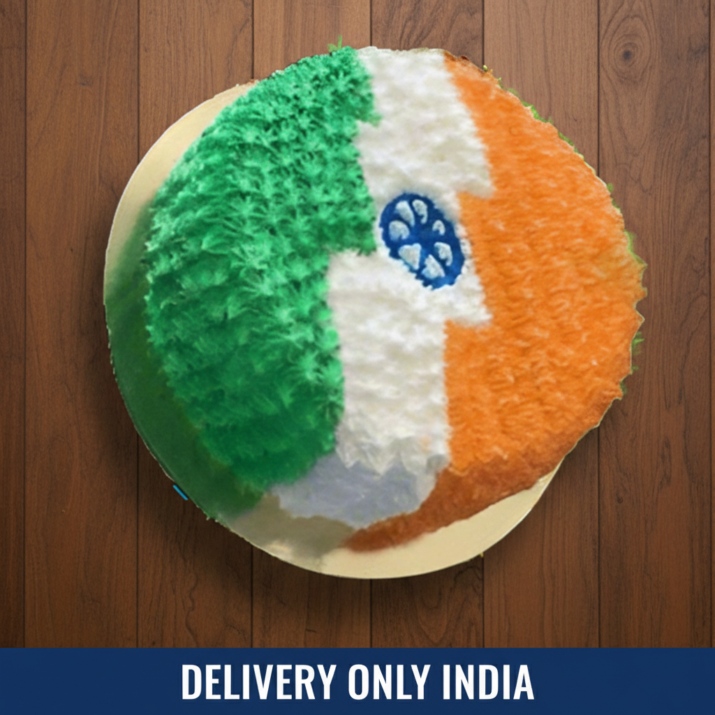 Tricolour India Cake — orange-white-green tricolour piping and blue wheel motif; India