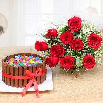 KitKat Cake and Red Roses Bunch – India