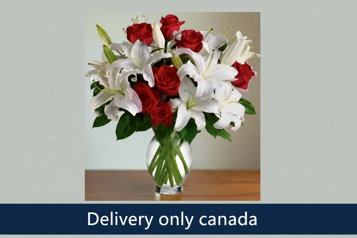 Elegant bouquet of red roses and white lilies in a vase