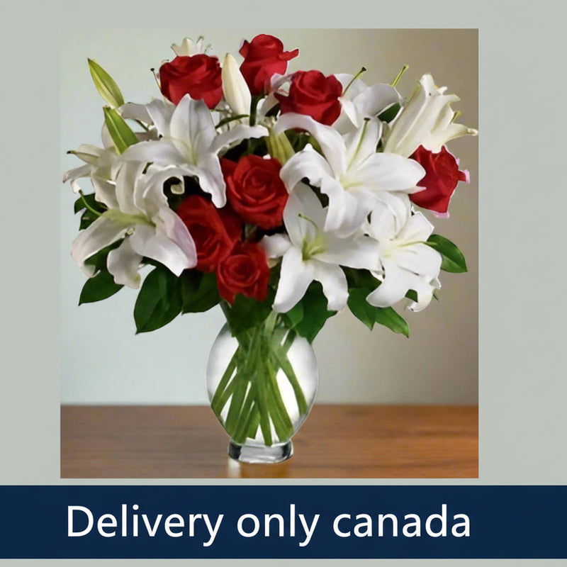 Red Roses love with White Lilies  - Canada