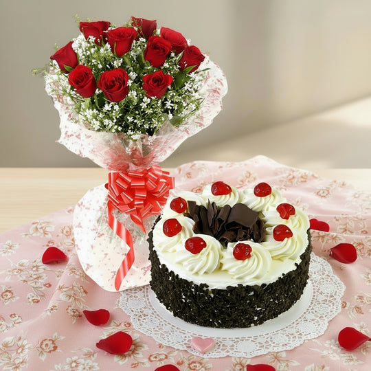 Red Roses bunch with Black Forest Cake