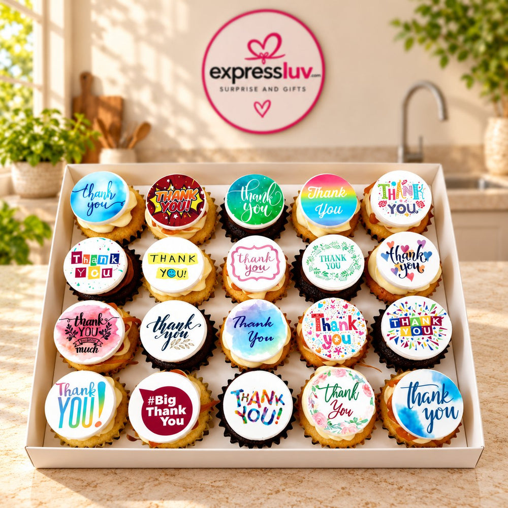Personalised Greeting Cupcakes cake design, photographed on a sunlit marble counter — delivery in India