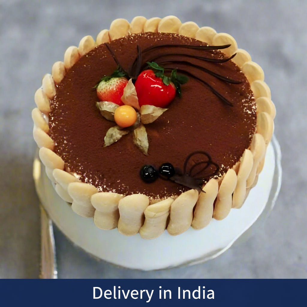 Non-Alcoholic Tiramisu Ladyfinger Cake - 1 kg — upright biscuit-like side pieces and a strawberry cluster; India
