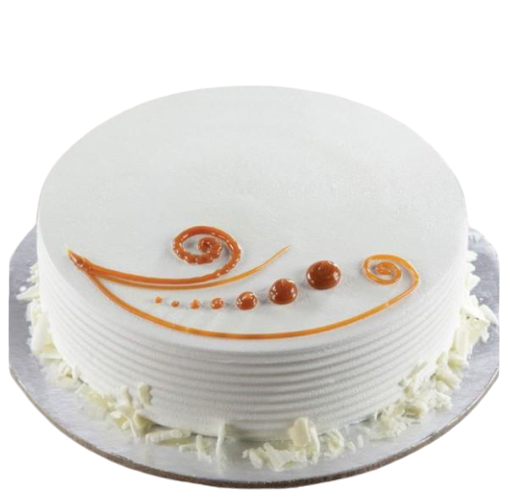 Vanilla Dessert Cake — plain white ridged cream and delicate golden swirl motifs; India