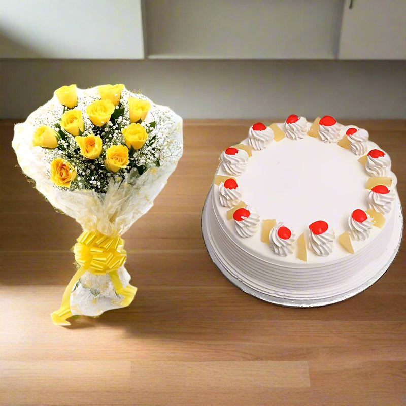 Yellow Roses with Pine Apple cake