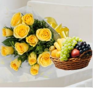 Yellow Roses Bunch and Fruits Basket