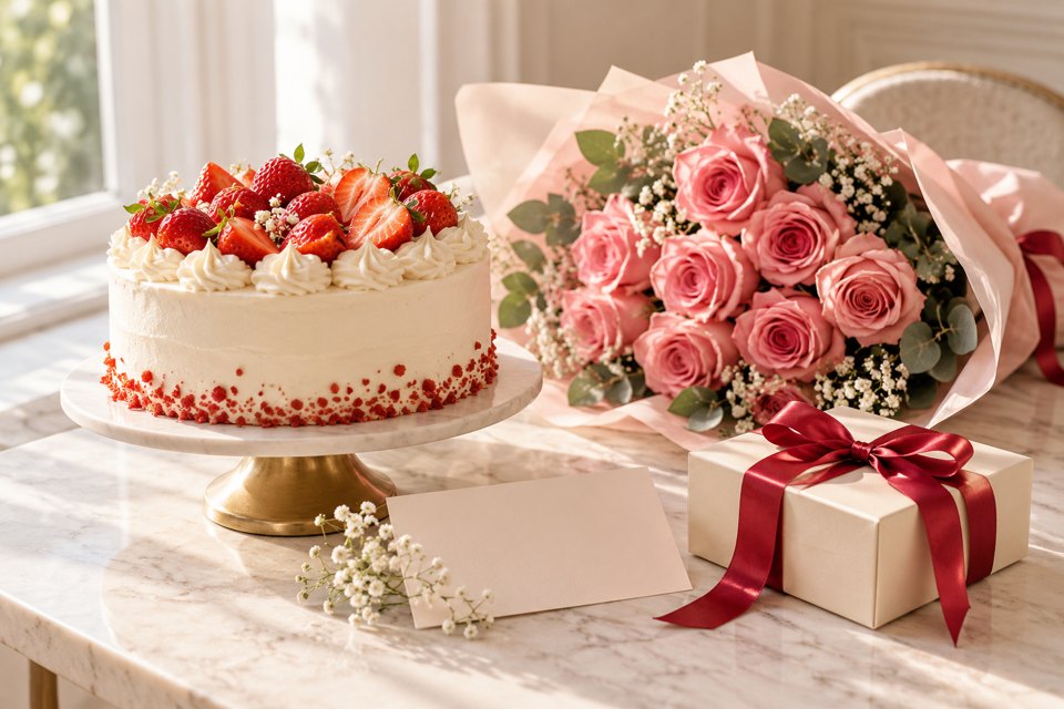 Strawberry cake, pink roses and a ribbon-wrapped gift