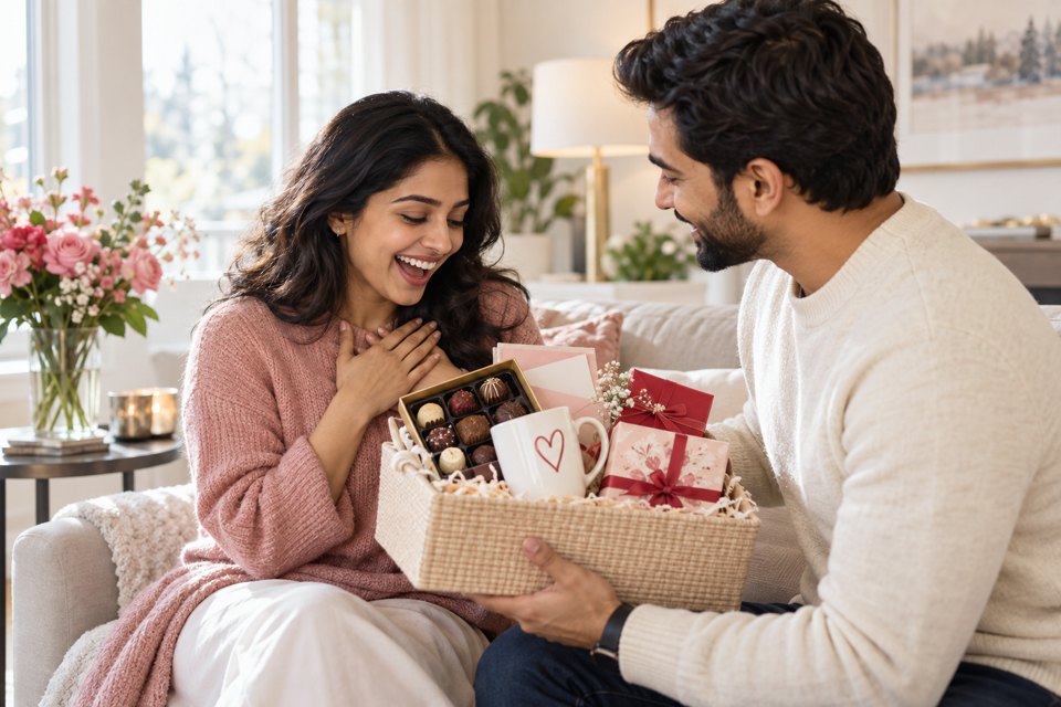 A delighted recipient receiving chocolates and personalized gifts